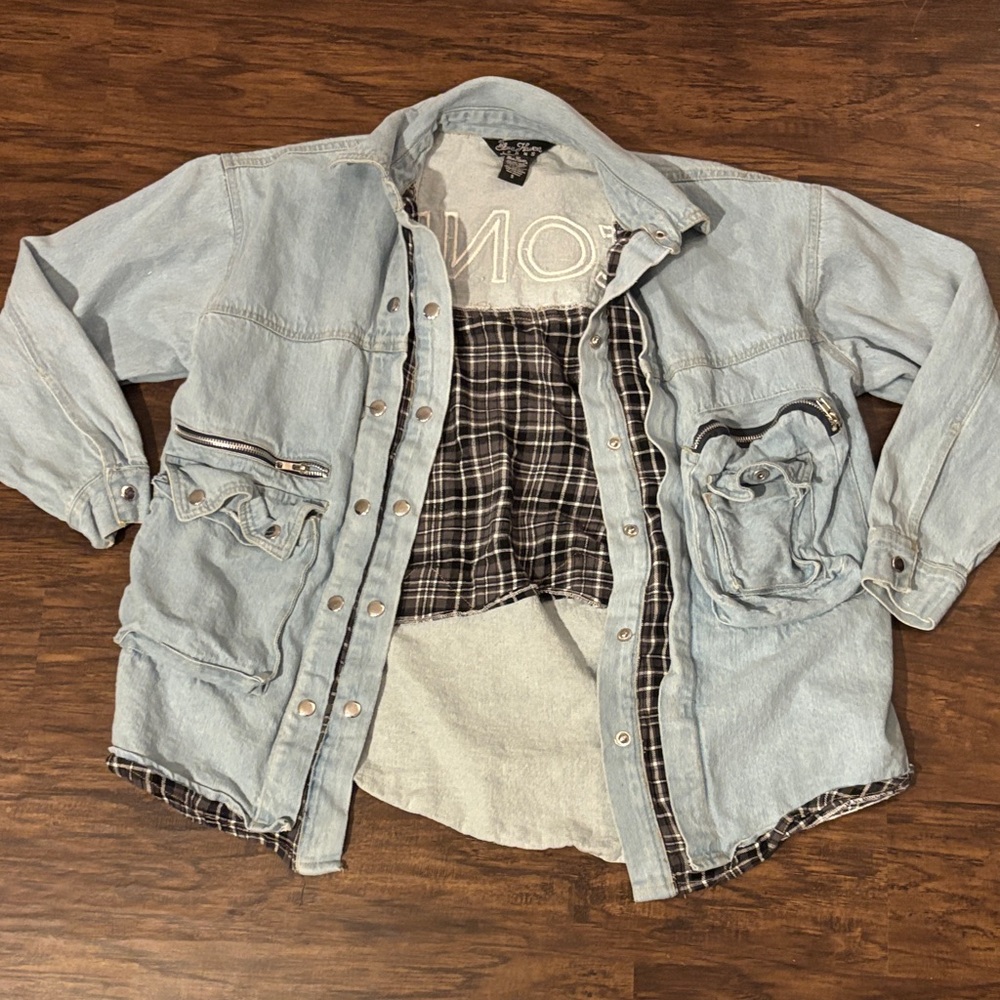 Blue Haven Light Wash Denim Jacket with Plaid Lining